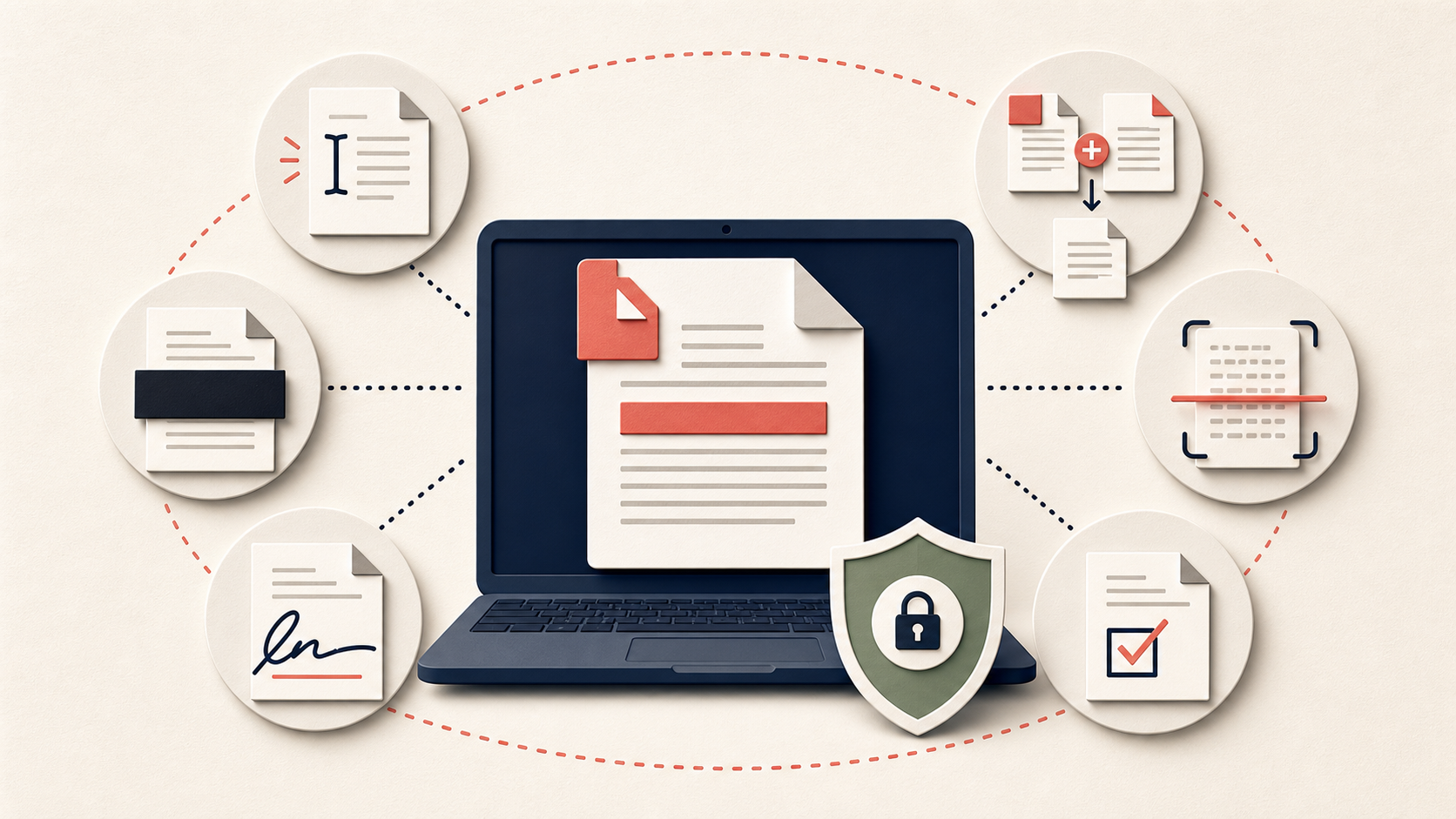 Illustration of local PDF editing, OCR, redaction, signing, and page organization tools