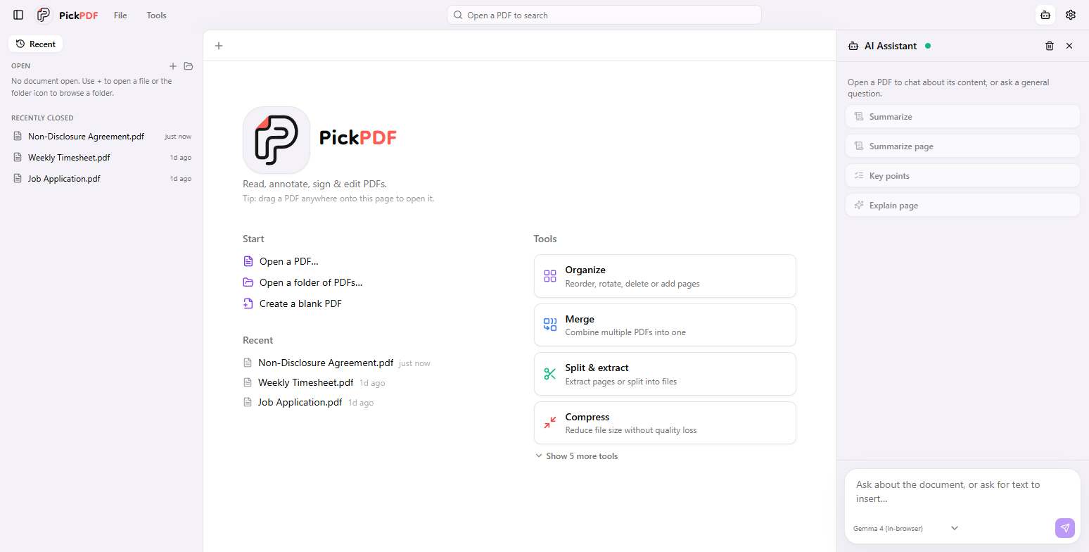 PickPDF with a violet accent theme