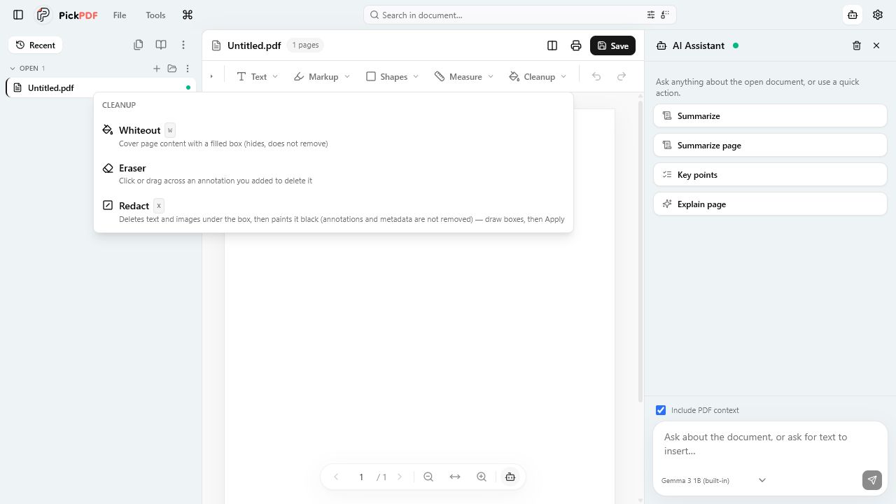 PickPDF Cleanup menu showing whiteout, eraser, and destructive redaction tools